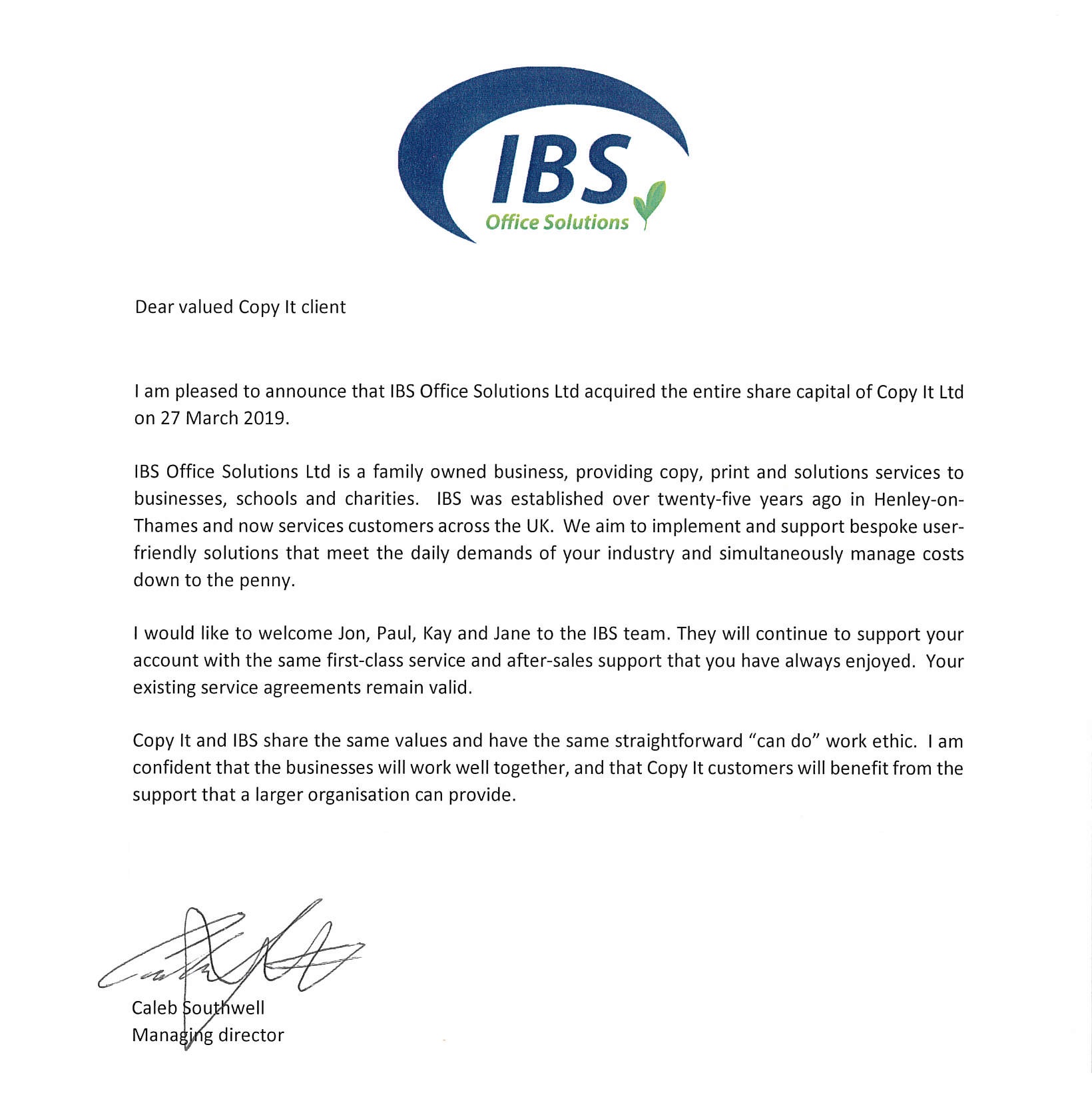 IBS Acquires CopyIT IBS Office Solutions